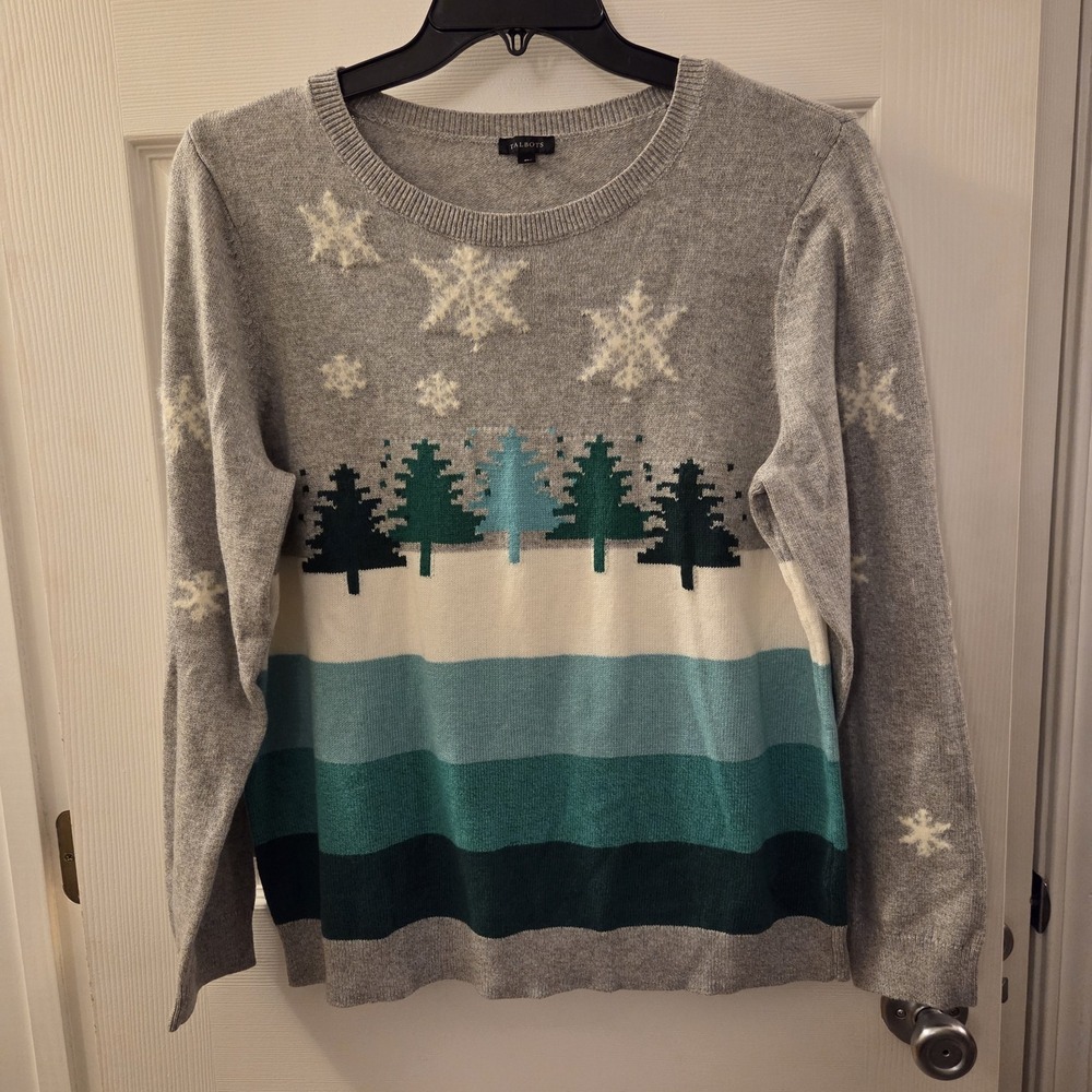 Talbots sz XL Christmas tree sweater snowflakes holiday festive casual party